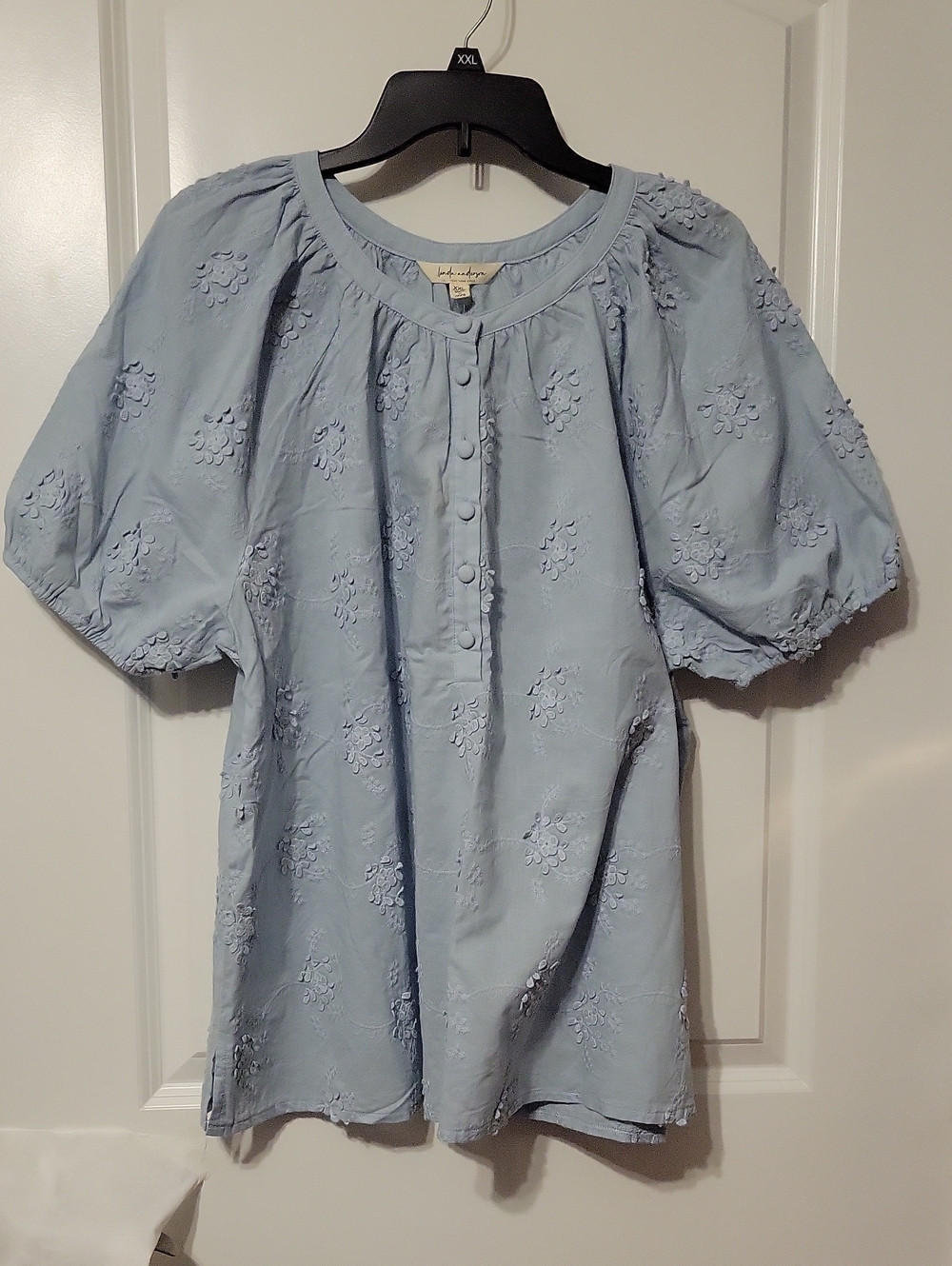 Linda Anderson Women's, XXL, Blue, Puff Sleeve, S/S, Button Front Blouse. NWT